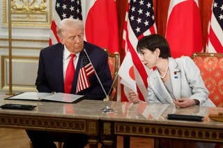 Donald Trump and Japan's prime minister Sanae Takaichi attend a signing ceremony at Akasaka Palace state guest house in Tokyo